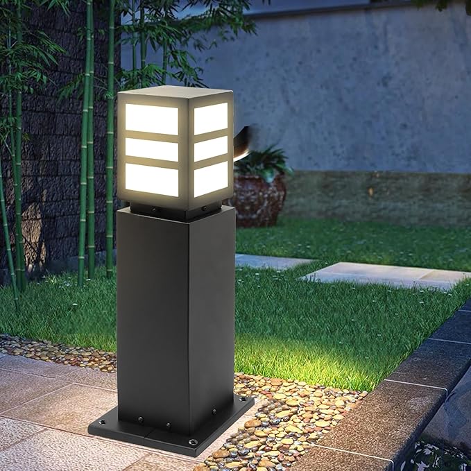 Landscape Path Lights 24 IP65 Waterproof Bollard Lights Heavy Duty Steel Stable Widened Base E27 Lamp Holder Modern Outdoor Path Lights Bollard for Lawn Patio Courtyard Driveway Oblong 1pack
