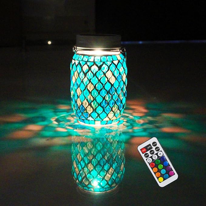 Solar Mosaic Lights - 12 Color Changing LED 4 Lighting Modes with Remote Control Handcrafted Glass Decor Lanterns Hanging or Tabletop Decor for Garden (Bule)