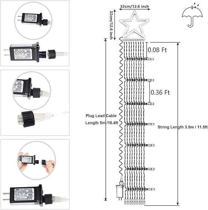 Christmas Decoration Lights Outdoor String Lights 320 LED 11.5 Ft Waterfall Tree With Big Star Topper 8 Modes for New Year Holiday Garden Yard Indoor Outdoor Decor