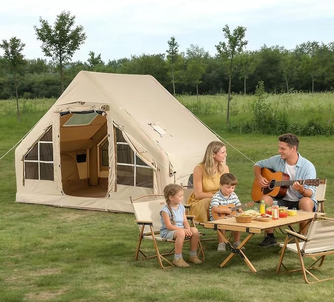 Large Inflatable Glamping Tent 4-6 Person Waterproof Camping Tent with Mesh Windows Easy Setup Air Tent for Family Outdoor Camping Hiking and Backyard (with Manual Air Pump)