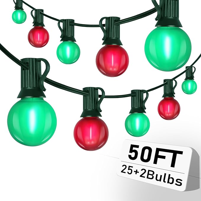 50FT G40 Christmas String Light Outdoor Frosted Red and Green LED Christmas Lights with 27 Shatterproof LED Bulbs(2 Spare) Waterproof Patio Lights for Holiday Party Backyard Xmas Decor