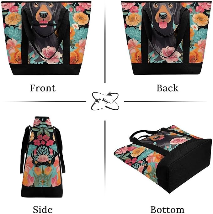 Insulated Shopping BagLarge Reusable Cooler Bags Dog Floral Printed Foldable Shopping BagTravel Waterproof Shoulder Bag