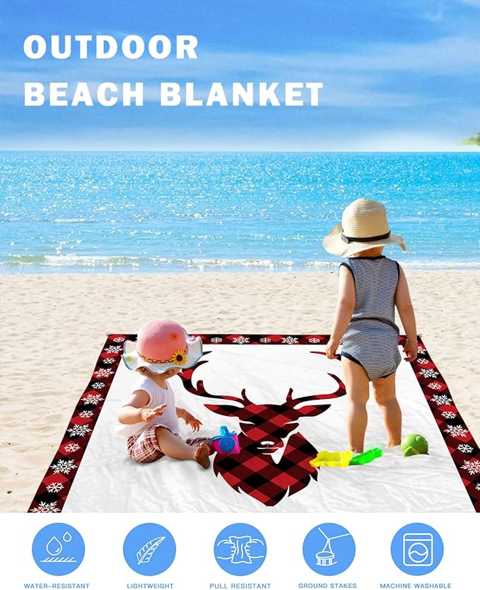 Beach Blanket Waterproof Sandproof Christmas Reindeer Snowflake Quick Drying Beach Mat with 4 Stakes Red Black Buffalo Check Lightweight Picnic Blanket for Travel Camping Outdoor 83x79