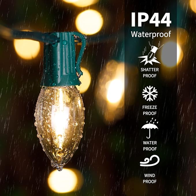 Brightown 50FT C7 Clear LED Christmas String Lights Outdoor Connectable with 50+2 Bulbs(2 Spare) 0.6W Bulbs Vintage Hanging Lights for Xmas Holiday Party Patio Roofline House Decor