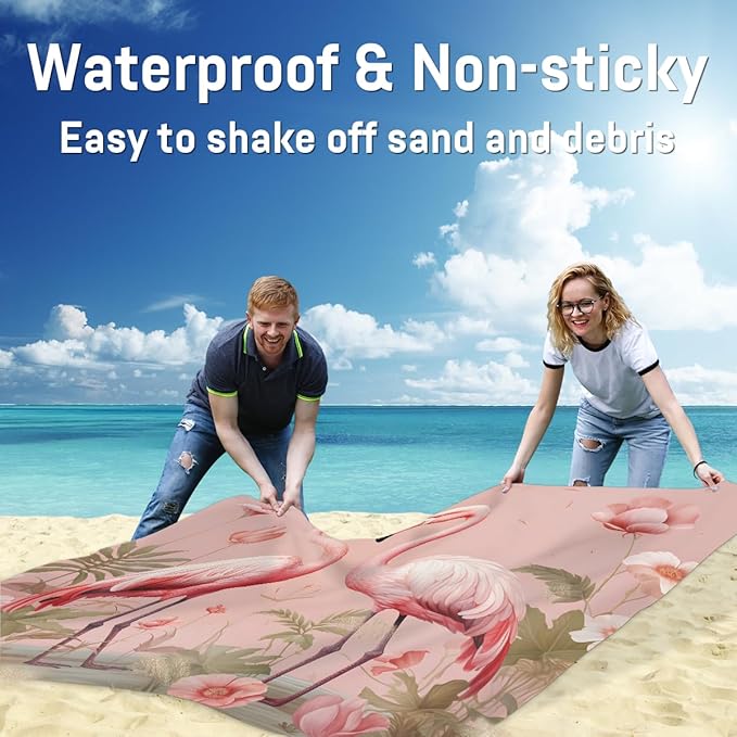 Waterproof Sandproof Beach Blanket 59''×68'' Flamingo Polyester Outdoor Picnic Blanket with 4 Stakes &amp Storage Bag for BeachCampingVacation Pink