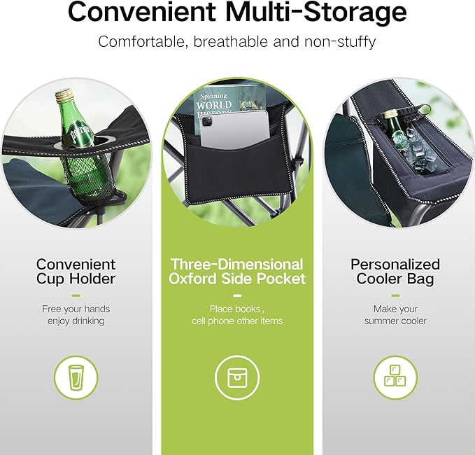 GREEN PARTY Folding Camping Chair Oversized Heavy Duty Lawn Chair with Cooler Bag Cup Holder Storage Pocket Collapsible Padded Outdoor Arm Chair Quad Lumbar