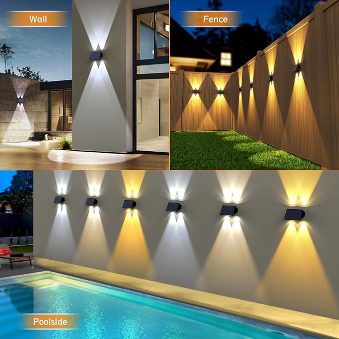 Solar Fence Lights6Pack Solar Lights Outdoor 2700/4500/6000K 3 Modes Up &amp Down Wall Lights Waterproof 100 Lumens Dusk to Dawn Fence Light for Outside/Backyard/Pool/Railing/Patio/Porch/Step