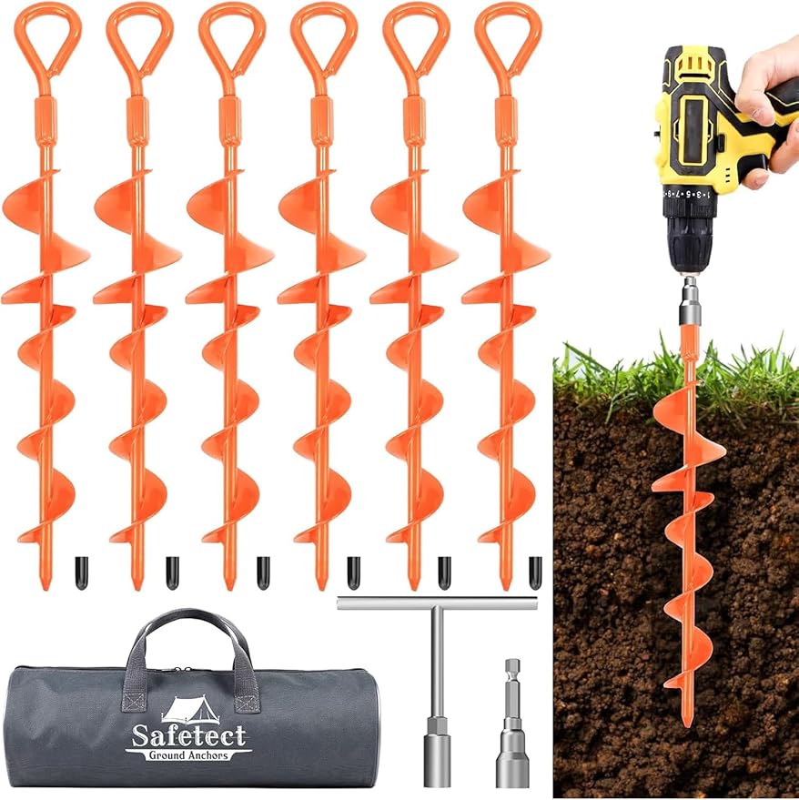 Ground Anchors Screw in 15 Inch Heavy Duty Earth Anchor Stakes for Trampoline Camping Canopies Tents Securing Animals Swing Set Anchors 6 Pack Tent Stakes
