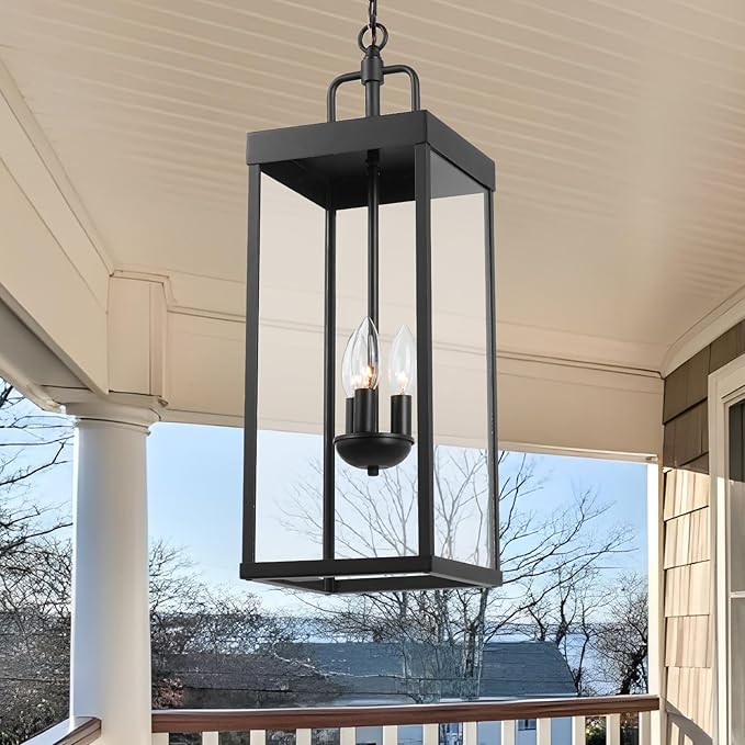 Large Outdoor Pendant Lantern Light Fixture for Front Porch 24 Inch 3-Light Black Exterior Hanging Chandelier with Clear Glass Outdoor Indoor Pendant Lamp for Patio Gazebo Entryway Doorway