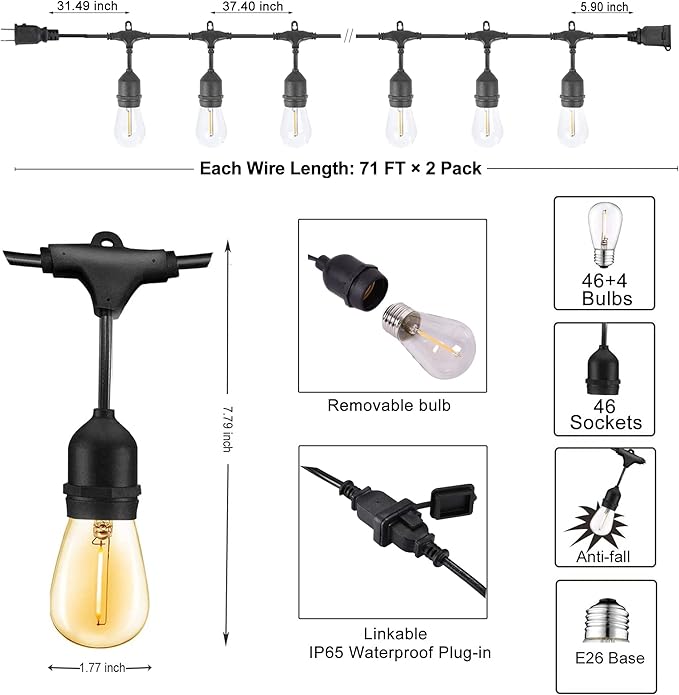 DAMAING LED Outdoor String Lights 150FTShatterproof IP65 2 Pack x 75Ft Patio Lights for Heavy Duty Hanging Lights WaterproofOutdoor Edison String Lights for Outside House BackyardPorchYard
