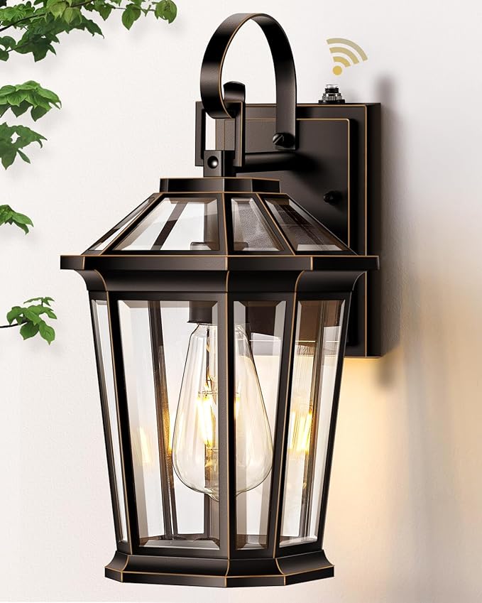 VIANIS Outdoor Wall Light Fixtures Aluminum Dusk to Dawn Outdoor Lighting with Tempered Glass Weatherproof Exterior Lighting Fixtures Oil-Rubbed Bronze Gold Trim Front Porch Light for Door Patio