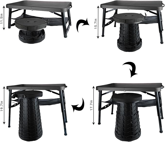 Folding Table and Stool Small Black 4 Foot Outdoor Portable Table Adjustable Height Camping Picnic RV Table 55lbs Load-Bearing Lightweight