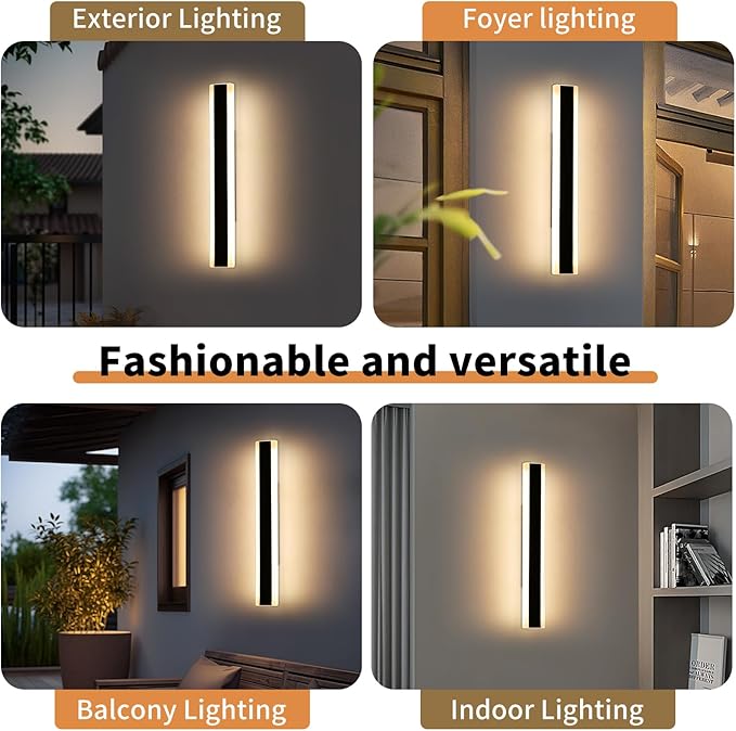 23.6inch Modern Outdoor Wall Light 3000K Warm White Linear Outside Wall Sconce Waterproof IP65 Acrylic Panel Black LED Long Wall Lights for Garage Garden Exterior Wall Mount Lights