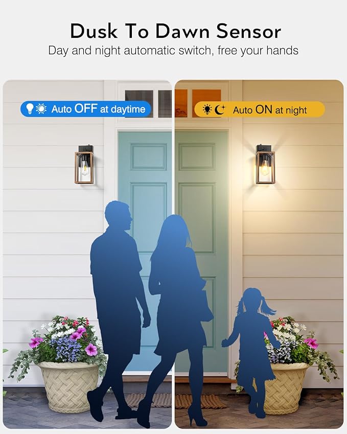 VIANIS 2 Packs Garage Light Outdoor Dusk to Dawn Outside Wall Lights Fixture for House Wood Grain Coach Lantern with Toughened Glass Farmhouse Sconce Wall Mount for Entryway Hallway Garage