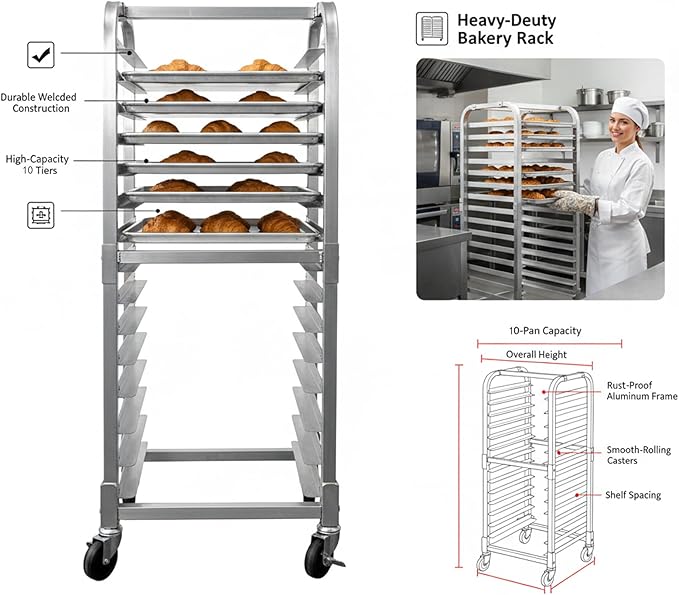 10 Tier Aluminum Bun Pan Rack with Lockable Wheels Mobile Commercial Bread Cooling Rack Trolley for Kitchen Bakery Restaurant 20 W x 26 D x 39 H Storage Cart