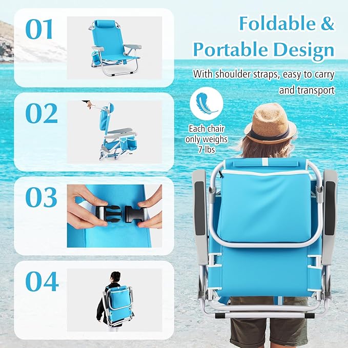 GYMAX Beach Chair 330lbs Backpack Lounger with 5-Position Backrest Storage Bag Side Pocket Towel Bar &amp Headrest Foldable Low Beach Lounge Portable Aluminum Lay Out Camp Chair (2 Light Blue)