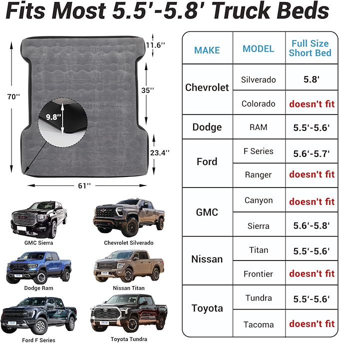 Camping Pickup Truck Bed Air Mattress for 5.5-5.8 FtThickened Full Size Short Inflatable Truck Beds MattressSleeping Pad with with Air Pump for Outdoor Camping Car Travel