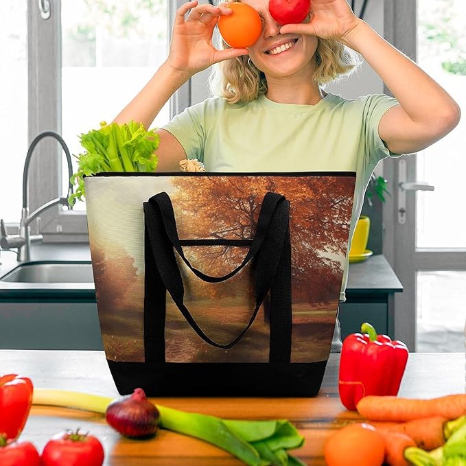 Insulated Shopping BagLarge Reusable Cooler Bags Autumn Scene Printed Foldable Shopping BagTravel Waterproof Shoulder Bag