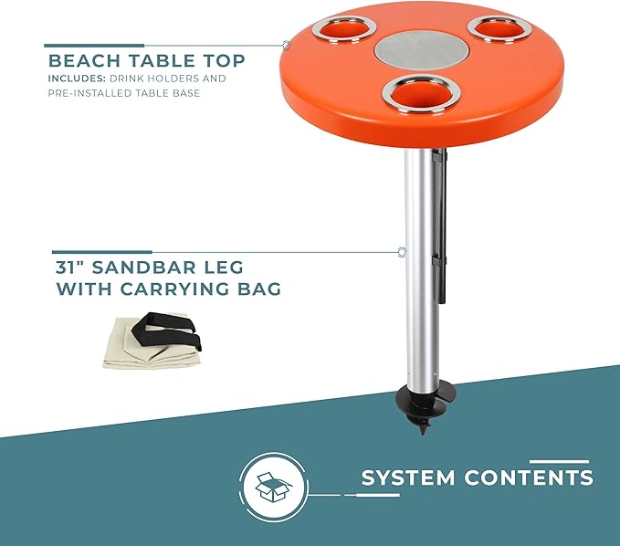 Manufacturers' Select ITC Beach Table with Sand Bar Auger Post Durable Beach Accessory Yard Campground Glamping in and Out of The Water. (Orange 31 Sand Bar)