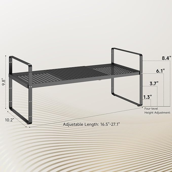 Hole Pattern Expandable Shelf Organizer1Pack 10.2 Wide Easy to Assemble Cabinet Organizer Shelf 16.5~27.1 Adjustable Height&ampStackable Spice Organization for Cupboard Black