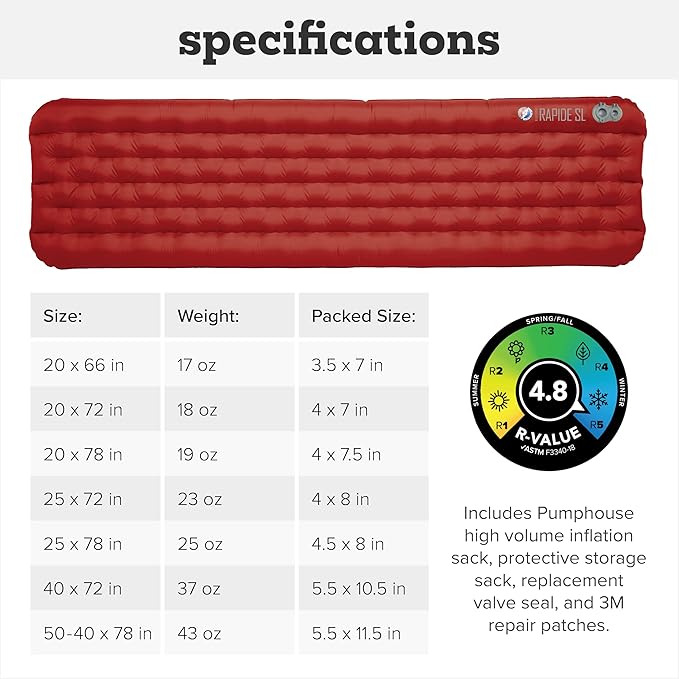 Big Agnes Rapide SL - Insulated Sleeping Pad Ultralight All Season Compact Backpacking and Hiking Pumphouse Sack Included Orange 25x78 Wide Long