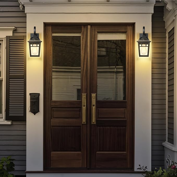 Front Porch Lights Outdoor Wall Lights Exterior Wall Sconce Matte Black Exterior Light Fixtures with Seeded Glass Farmhouse Outdoor Lighting Fixtures for House Garage Porch Patio 2 Pack