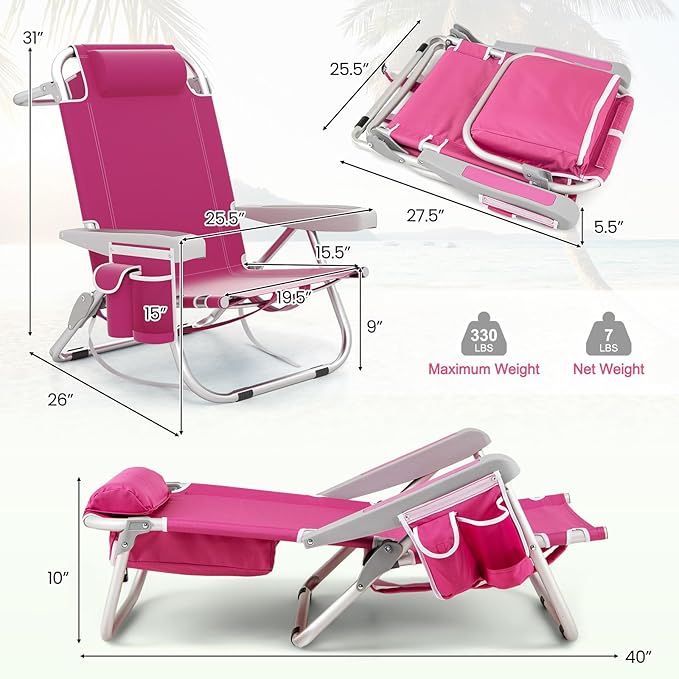 Goplus Beach Chair 2 Pack 330lbs Folding Backpack Chairs for Adults with 5 Positions Storage Pockets Towel Bar &amp Headrest Foldable Low Beach Lounge Portable Aluminum Lay Flat Camping Chair