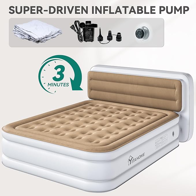 YITAHOME 18'' Flocked Top Queen Air Mattress with Pump and Banded Headboard Durable Inflatable Bed Blow-Up Mattress for Indoor and Outdoor Use Brown