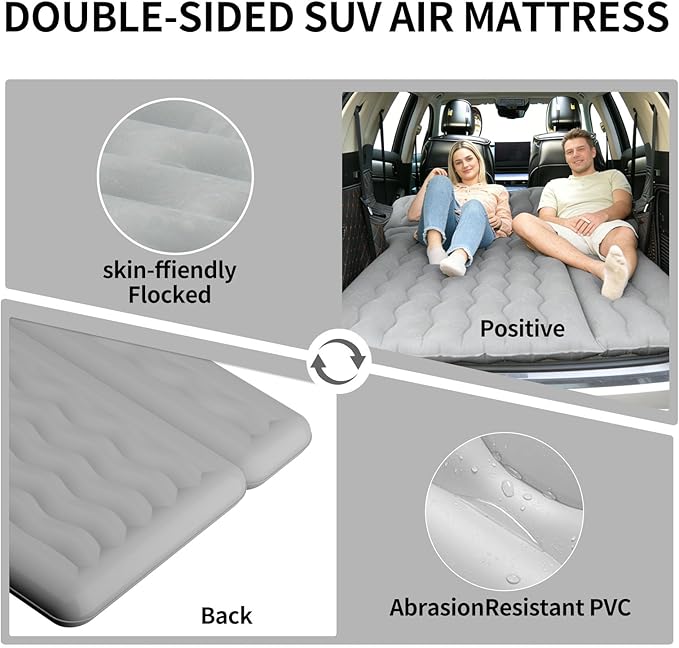 Car Air Mattress Inflatable SUV Truck Camping Mattress for Back Seat Thickened Travel Car Bed Sleeping Pad with Air Pump 2 Pillows (SUV-Grey SUV Air Mattress)
