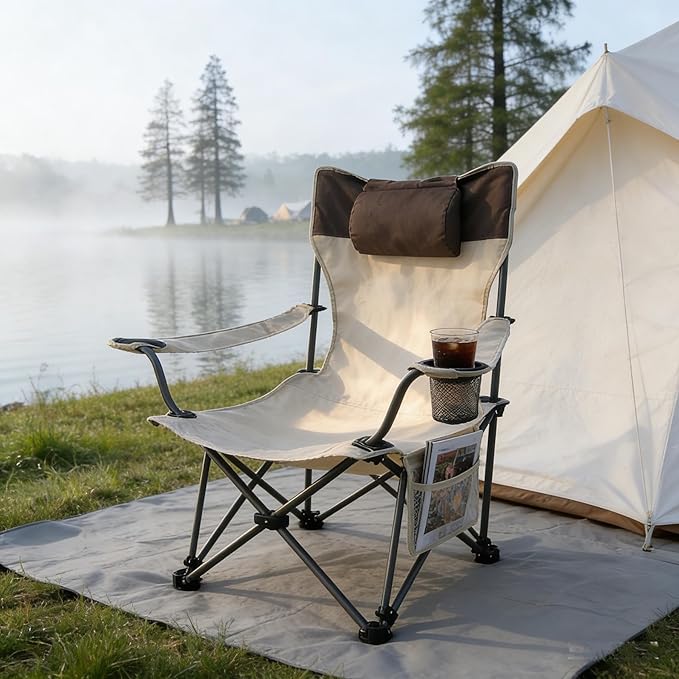 Folding Camping Chairs Portable Beach Chairs with Foot Rest Adjustable Recliner Chairs with Side Pockets &amp Cup Holder for Camping Picnics Fishing Beaches Barbecuesand (Beige)