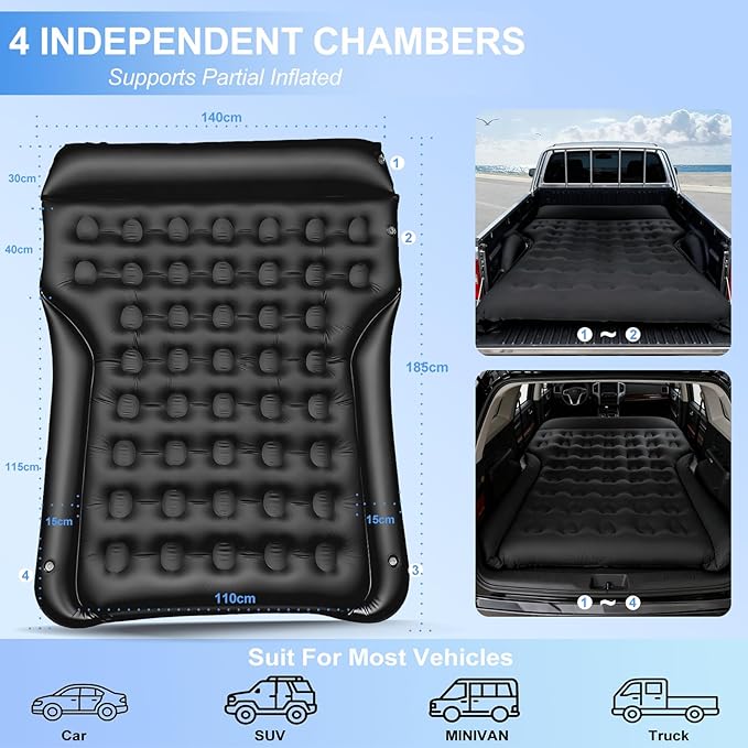 Car Air Mattress - Full Size SUV mattress Inflatable Camping Bed for Cars VAN Truck Trunk 4.6x6 ft Universal Car Airbed Thicked 20cm Foldable Soft Sleeping Mat for Travel Roadtrip Tent Home Black
