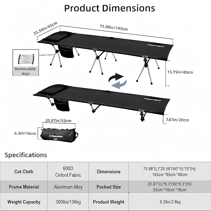 Camping Cot for Adults Height Adjustable Sleeping Cot Supports 300 lbs Lightweight Compact Foldable for Backpacking Hiking Travel Beach Truck &amp Office Nap | Flyernature