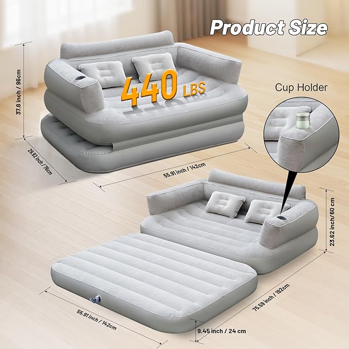 Full Size Inflatable Sofa Bed with Air Pump2-in-1 Blow-Up Couch and Folding Air Mattress Bed for HomeCampingand Guests