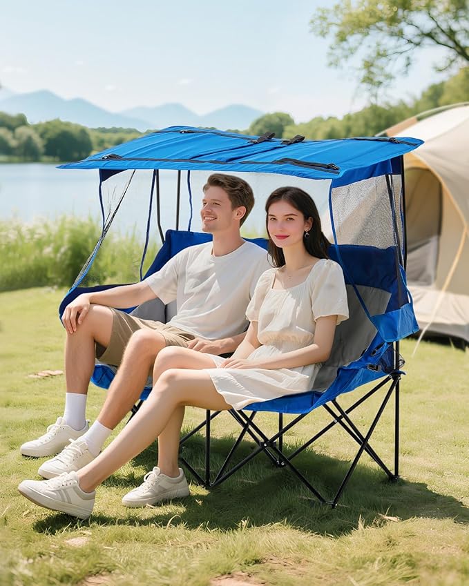 CLIPOP Double Camping Chair with Canopy Portable Outdoor Folding Chair with Cup Holders Side Pocket Oversized Beach Chair with Canopy Shade for Lawn Patio Hiking Blue