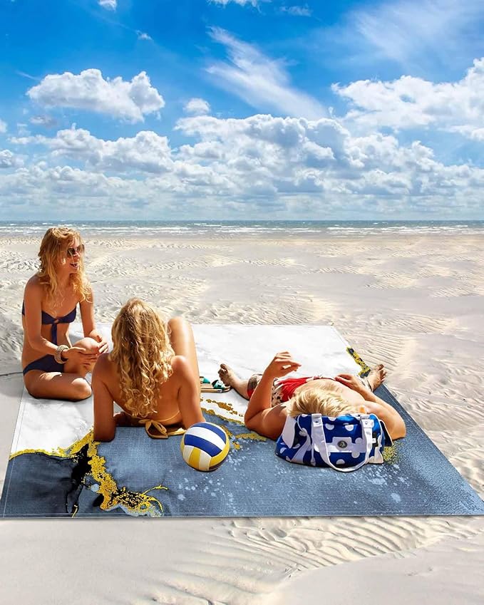 Beach Blanket Waterproof Sandproof Oversized Blue Marble Gold Foil Beach Mat with Corner Stakes Sand Pockets Grey Gradient Outdoor Picnic Mat for Travel Camping Hiking 83x79In