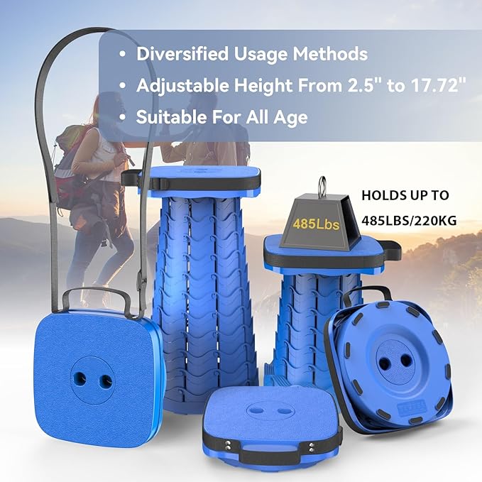 2025 Upgraded Collapsible Stool Portable Folding Stool Telescoping Camping Stool with Max Load Capacity 485lbs Square Retractable Seat for Camping Gardening Fishing Hiking BBQ [Blue]