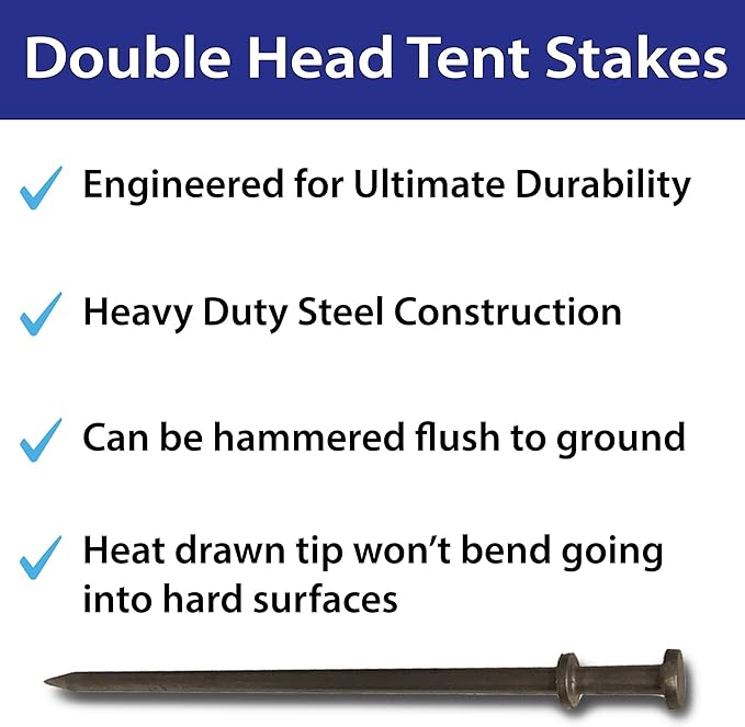 Double Head Tent Stakes - Heavy Duty Steel Tent Stakes Versatile Ground Spikes to Anchor Commercial Inflatables Party Tents and Outdoor Camping Shelters 3/4 x 12 Inch 25-Pack