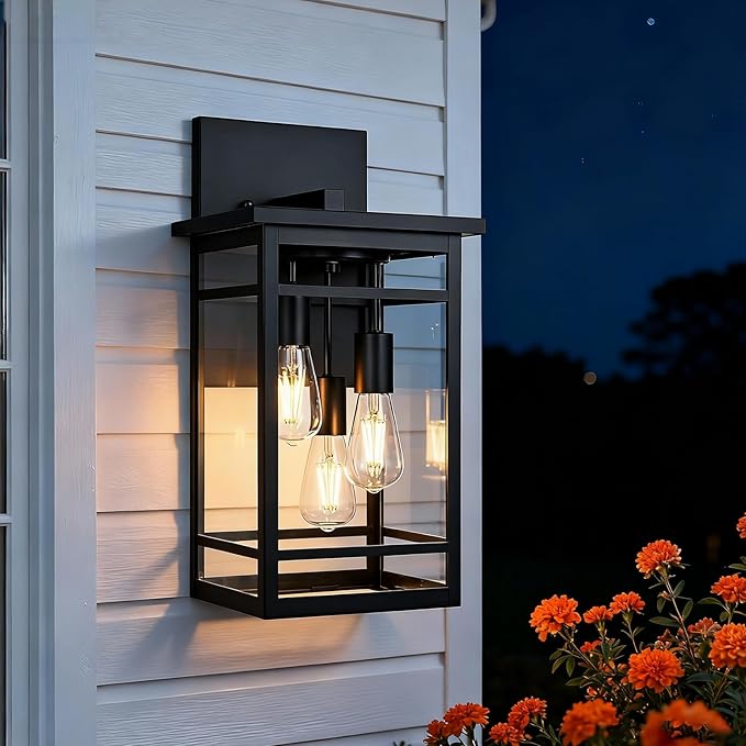 3 Lights Large Outdoor Wall Sconce LightsBlack Modern Outdoor Wall Light FixturesExterior Lighting Fixtures Waterproof Outside Front Porch Lantern for HousePatioGarage with E26 Base