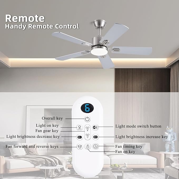 42 inch Modern Ceiling Fans with Lights APP/Remote Control Low Profile Reversible 6 Speeds Dimmable Ceiling Fan Light for Indoor/Outdoor Bedroom Living Room（Nickel）