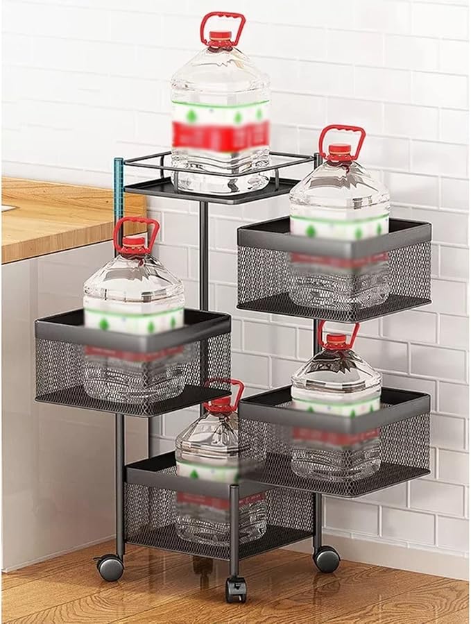 JITUIHOM Kitchen Rack Floor-to-Ceiling Multi-Layer Kitchen Storage Shelf Rotating Basket Drawer Rolling Trolley Fruit and Vegetable Rack(Square 4 Tier Black)
