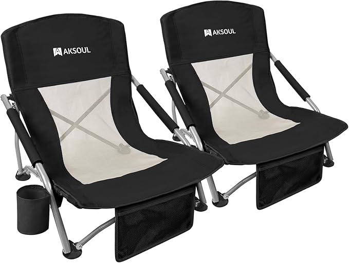 AKSOUL Folding Beach Chair for Adults: Low/High Back Chairs with Carry Bag - Extra Wide Seat Chair with Comfortable Pillow &amp Storage Pocket (1 Pack &amp 2 Pack Blue)