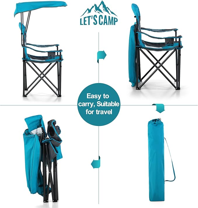LET'S CAMP Camp Chair with Shade Canopy Folding Camping Chair with Cup Holder and Carry Bag for Outdoor Camping Hiking Beach Heavy Duty 350 LBS