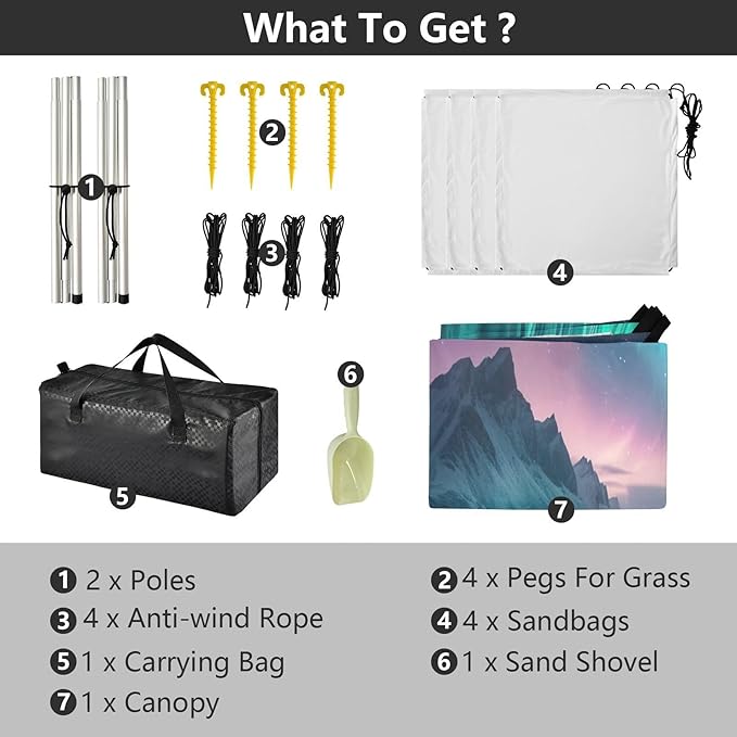 Aurora Borealis Pattern Beach Tent Sun Shelter 9.2' x 10.5' Beach Canopy with 4 Sandbags 4 Stability Poles Sand Shovels - Tent Canopy for Beach Camping Fishing Picnics