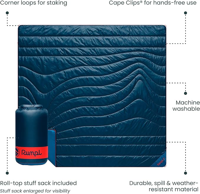 Rumpl Original Puffy Blanket - Warm Puffy Camping Blanket 100% Recycled Polyester Insulation Lightweight Packable Water-Resistant Outdoor Puffer Blanket 84x80 Deepwater