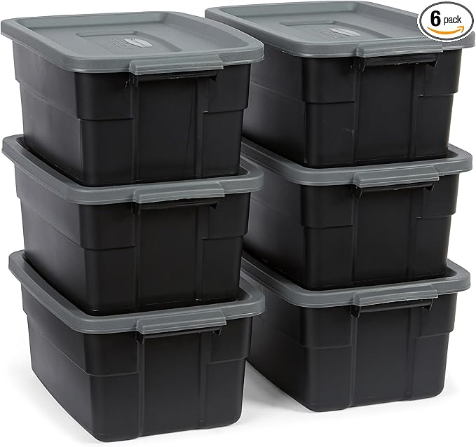 Rubbermaid 6-Pack Heavy Duty Durable 3 GAL Totes for Storage with Snap Lids and Handles Plastic Storage Bins Stackable Black Gray for Home and Garage (3 GAL - 6 Pack Solid Black and Grey)