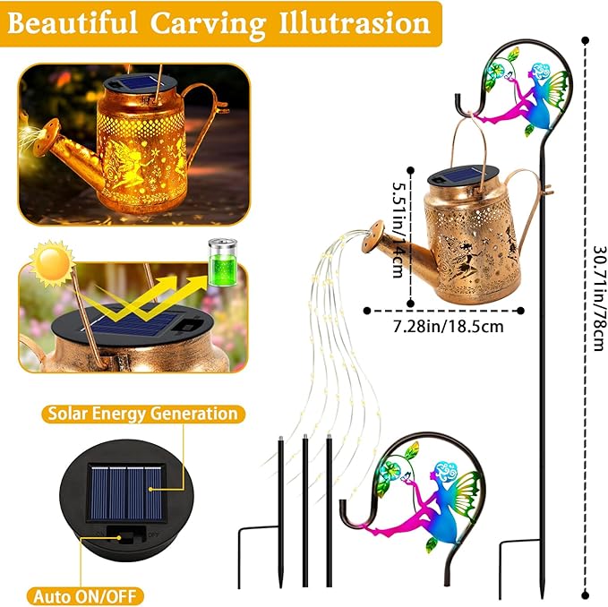 ANGMLN Fariy Solar Lights Outdoor Waterproof Solar Watering Can Lights with Shepherd Hook Metal Angel Hanging Lantern Garden Decor Yard Outside Patio Lawn Gifts for Mom Grandma Women Birthday