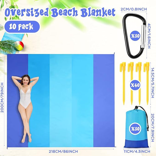 10 Pack Beach Blankets Sandproof 78 x 82 Inch Bulk Large Waterproof Beach Mat for 1-6 Adults Oversized Sand Free Beach Blanket with Stakes Climbing Hook Storage Bags for Travel Camping Picnic Hiking
