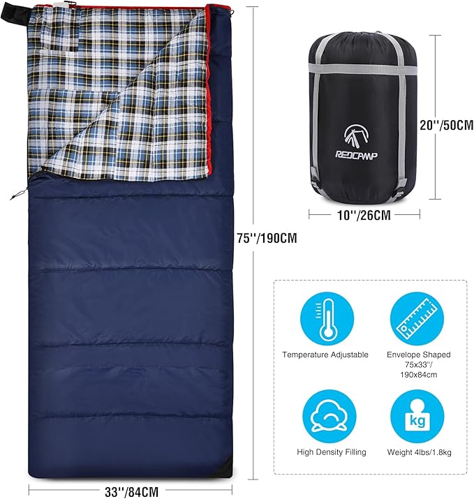 REDCAMP Cotton Flannel Sleeping Bag for Camping Backpacking Adults Cold Weather Envelope Sleeping Bags with 2/3/4/6lbs Filling