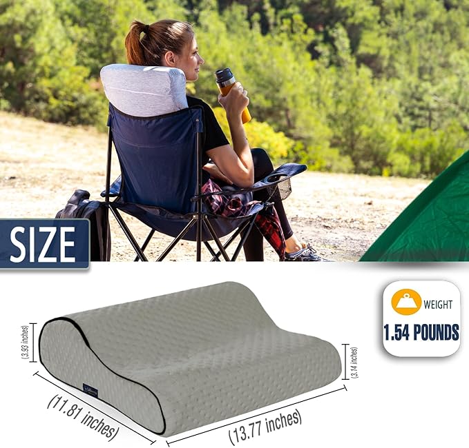 alkamto Travel &amp Camping Comfortable Memory Foam Pillow – Easy to Carry Portable Bag – Temperature Regulating Pillow Case (Grey Contour + Extra Cover)