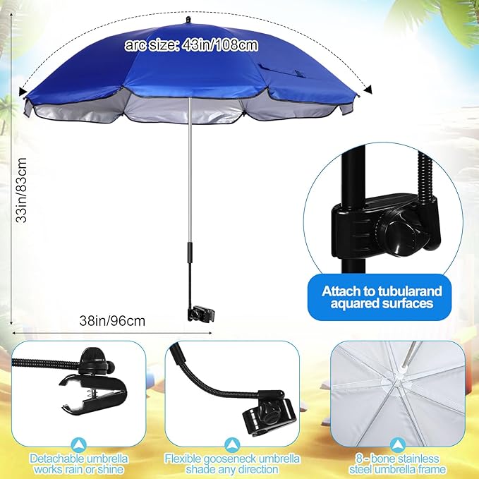 Karenhi 2 Set Beach Camping Chair with Umbrella for Adult Folding Reclining Camping Chair with Foot Rest Adjustable Clamp Canopy Shade for Outdoor Patio Travel Beach(Blue)